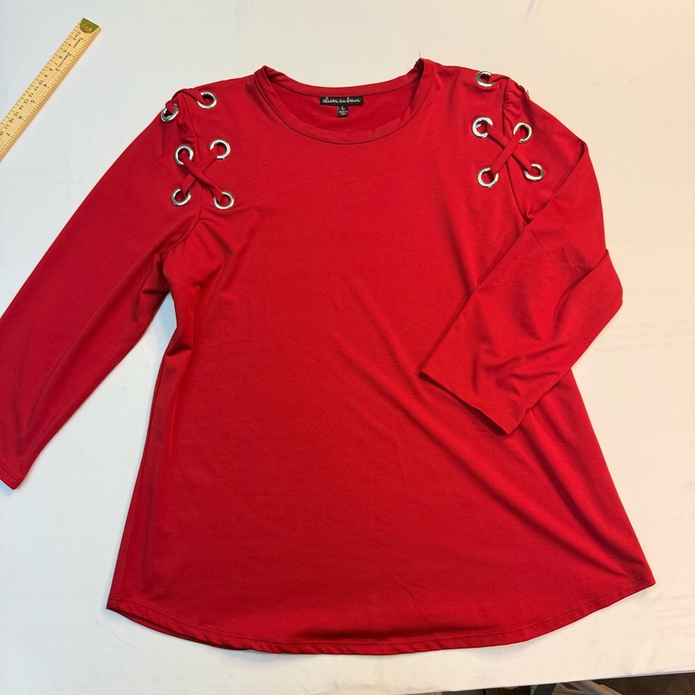 Alison‎ Andrews Red Top Large Grommet Lace-Up Shoulder Long Sleeve Blouse - Picture 10 of 12